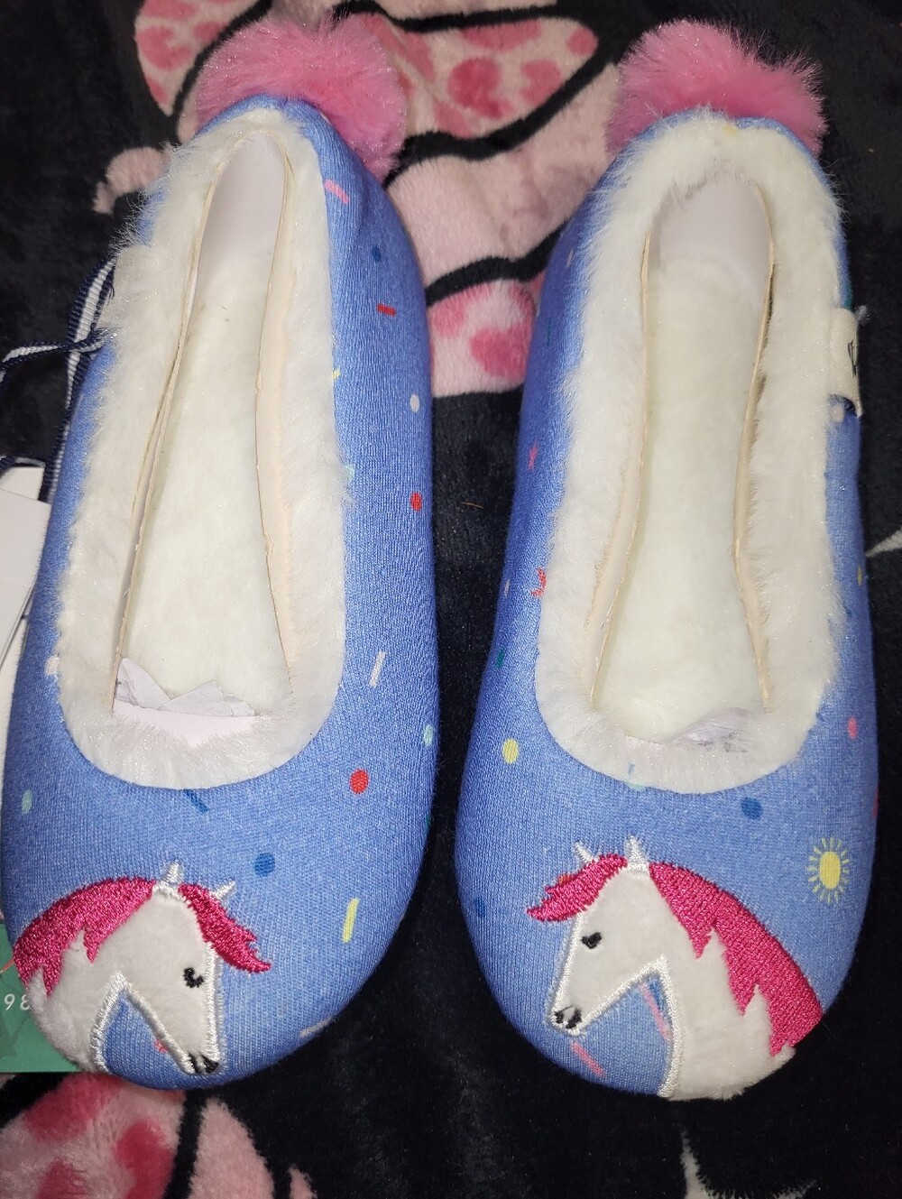 Joules Blue Unicorn Kids Slippers with Pink Pom